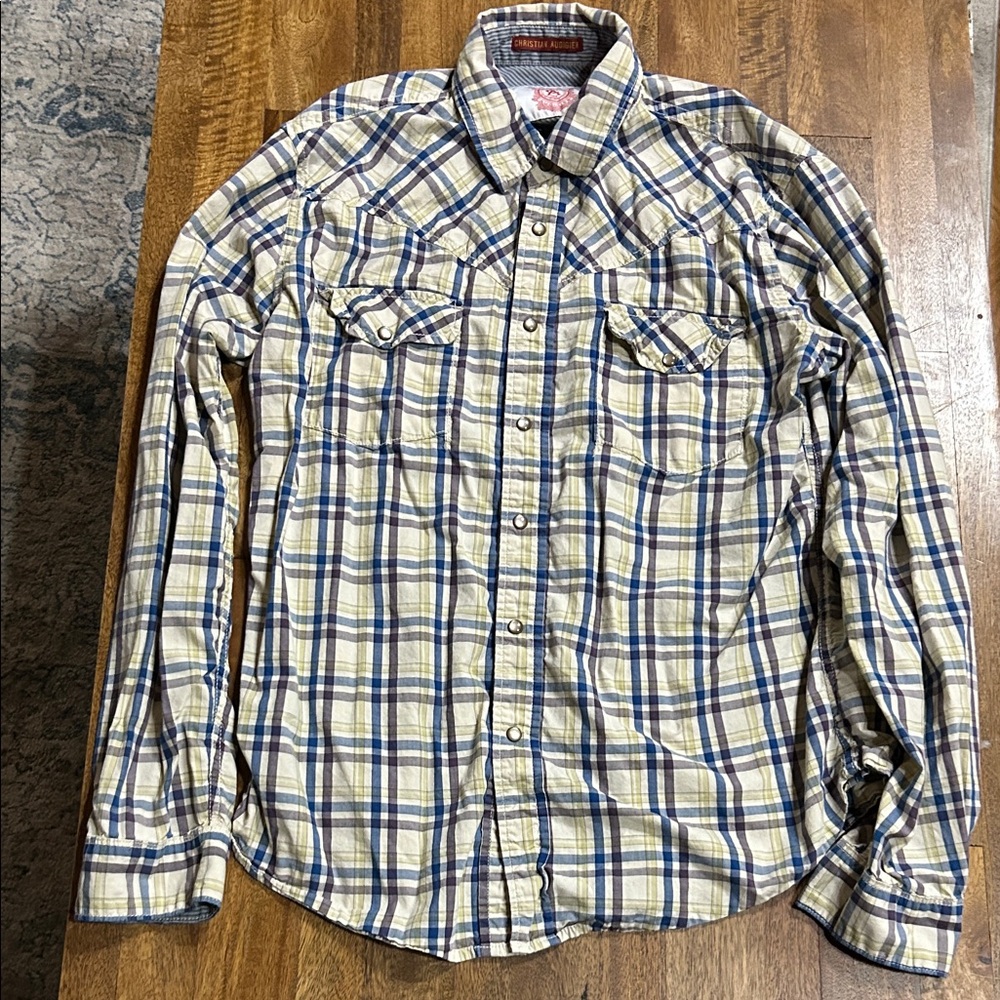 Christian Audigier long-sleeve western plaid shirt with pearl snap buttons XL